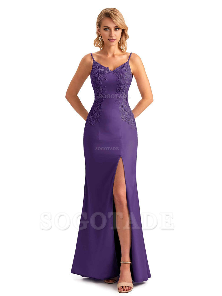 Sexy Side Split Mermaid Spaghetti Straps Soft Satin Unique Lace Long Bridesmaid Dresses