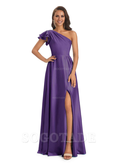 A-Line One Shoulder Ladies Long Bridesmaid Dresses Soft Satin Side Slit Elegant Evening Party Dress