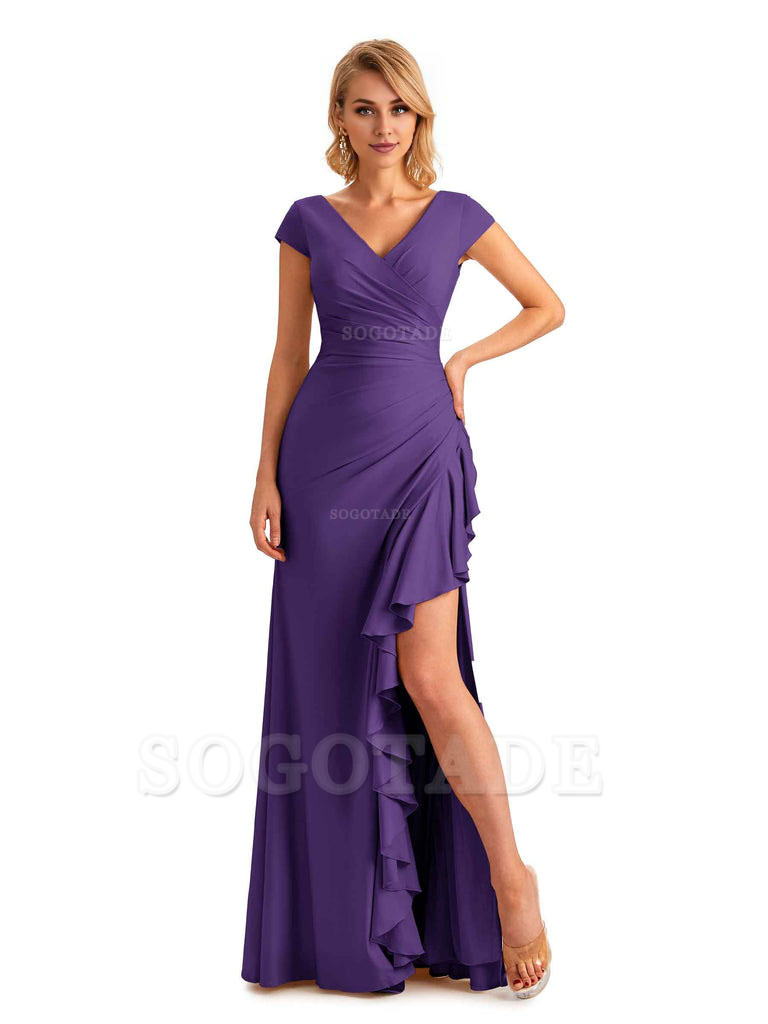 Sexy Side Slit Short Sleeves Mermaid Soft Satin Unique Long Maid Of Honor Dresses