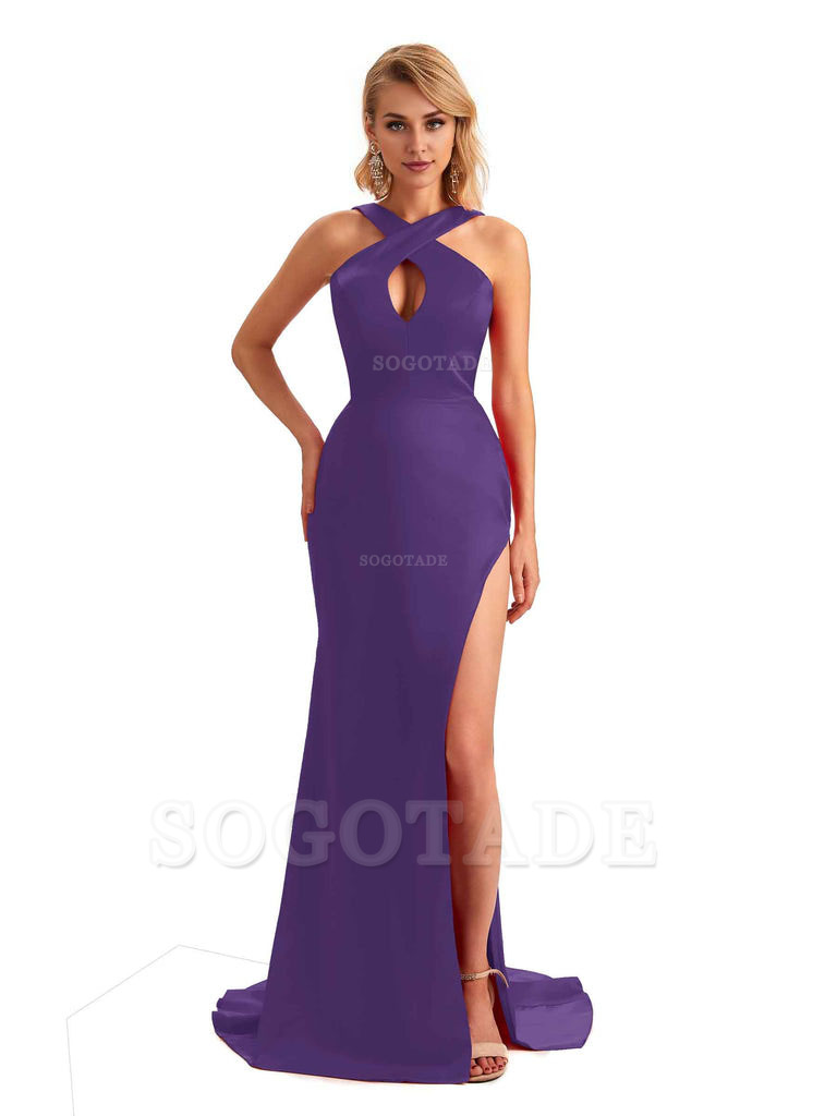 Sexy Side Slit Halter Mermaid Silky Satin Unique Long Formal Wedding Bridesmaid Dresses