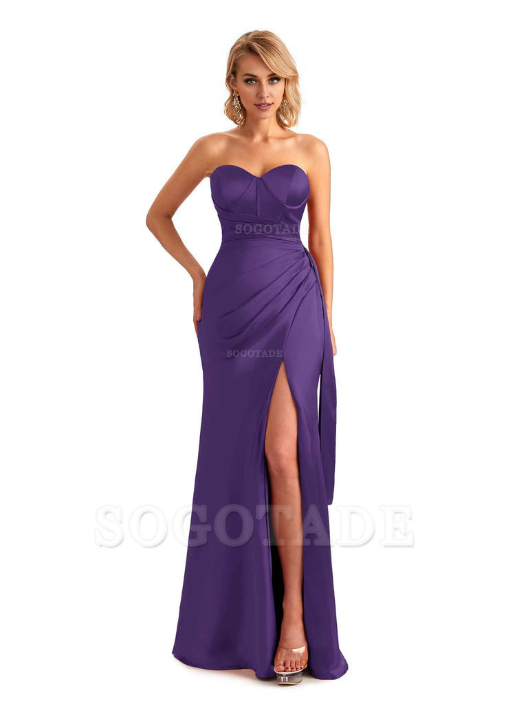 Sexy Side Slit Strapless Mermaid Soft Satin Unique Long Bridesmaid Dress For Wedding