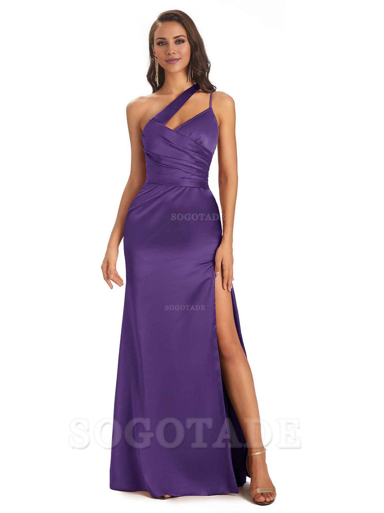 Elegant Soft Satin Side Slit One Shoulder Floor-Length Maxi Bridesmaid Dresses Evening Party Dress