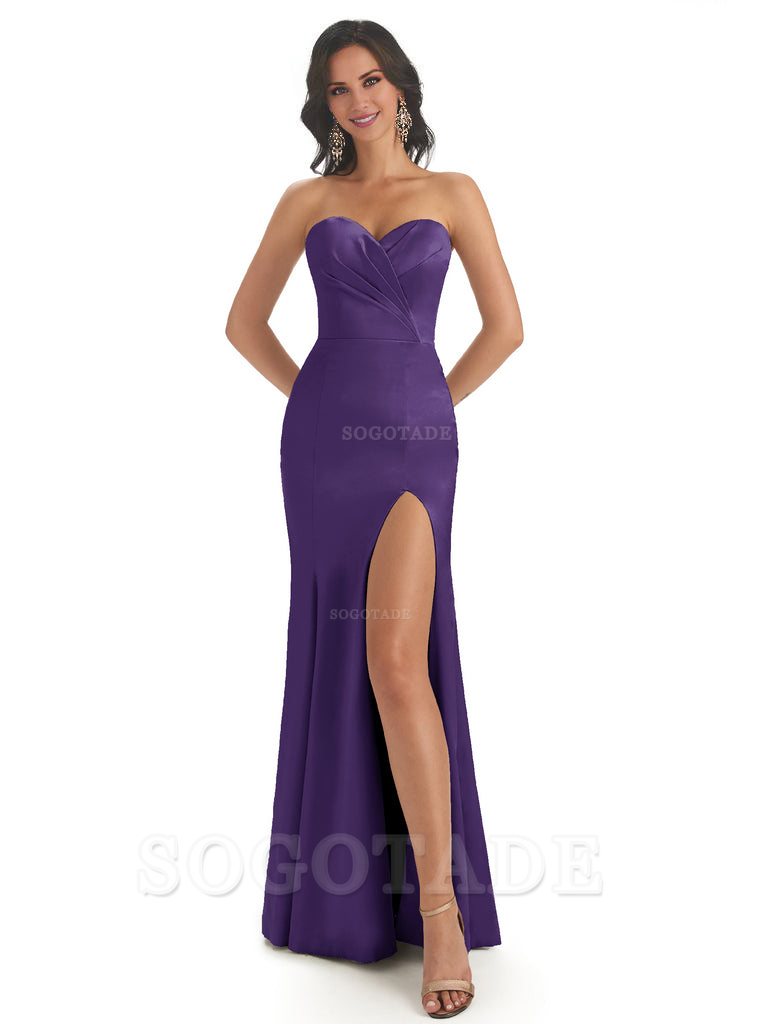 Simple Soft Satin Side Slit Sweetheart Long Mermaid Bridesmaid Dresses Elegant Evening Party Dress