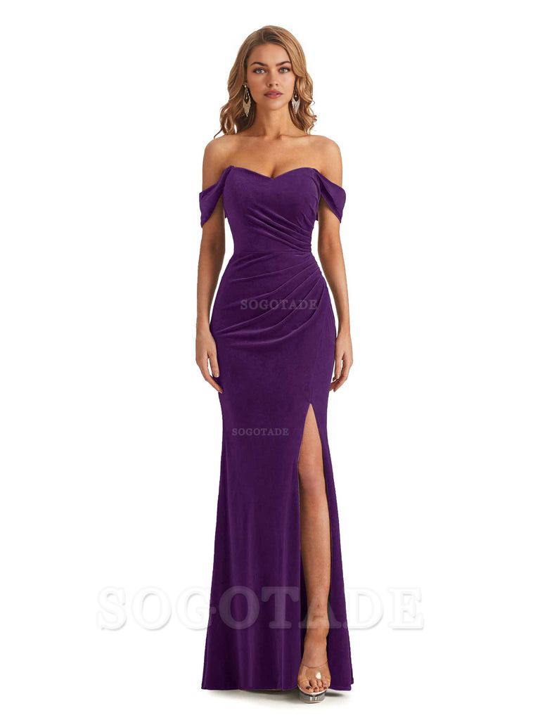 Elegant Mermaid Off Shoulder Pleats Velvet Side Slit Long Bridesmaid Dresses Evening Party Dress