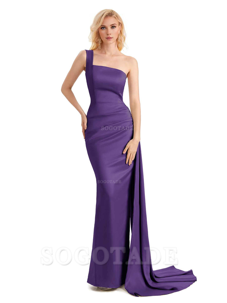 Elegant One Shoulder Soft Satin Mermaid Unique Long Bridesmaid Dresses Charming Evening Party Dress