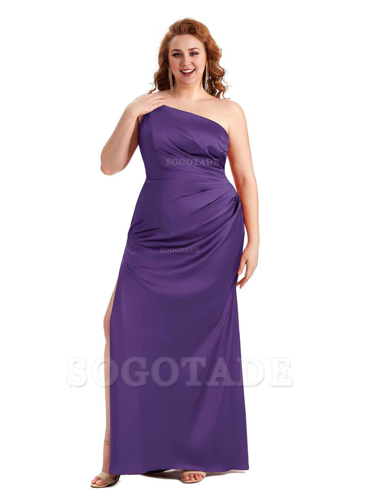 Sexy Side Slit One Shoulder Mermaid Soft Satin Long Plus Size Maid of Honour Dresses