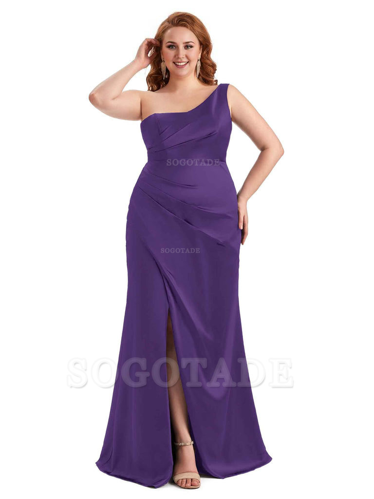 Sexy Side Slit One Shoulder Mermaid Long Plus Size Satin Maxi Dresses