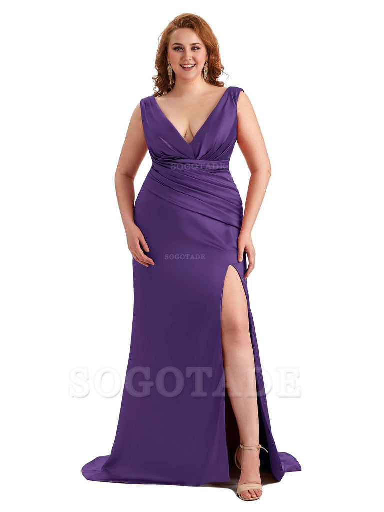 Elegant V-neck Side Slit Mermaid Soft Satin Long Plus Size Bridesmaid Dress For Wedding