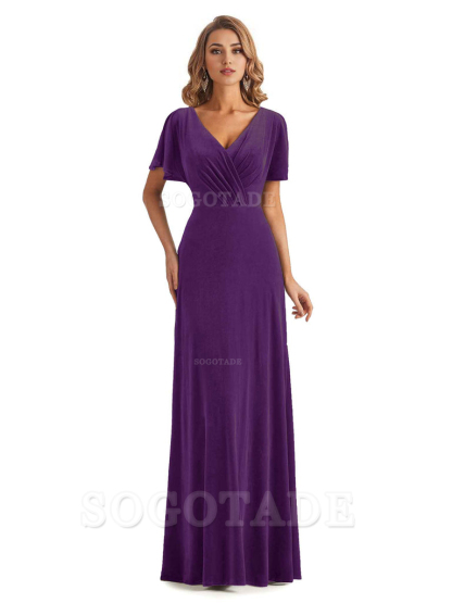 Elegant Mermaid V-neck Short Sleeves Unique Velvet Long Bridesmaid Dresses