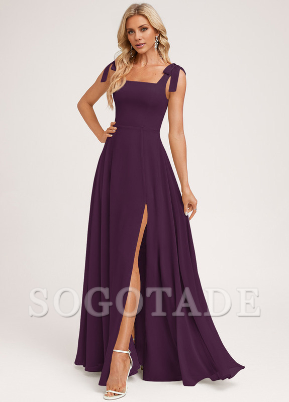 A-shaped square bow landing chiffon bridesmaid dress