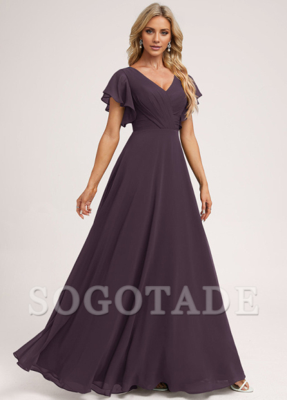 Ruffle A-line V-neck and floor chiffon bridesmaid dress
