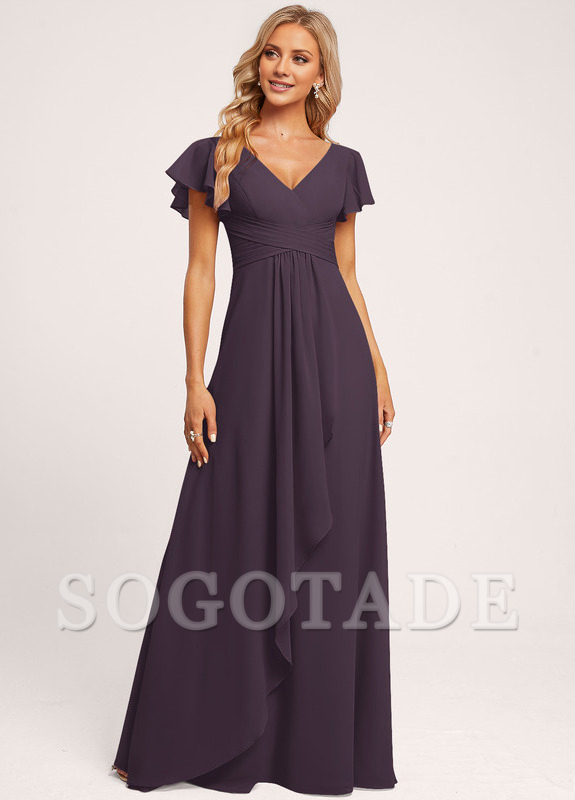 Ruffle A-line V-neck and floor chiffon bridesmaid dress
