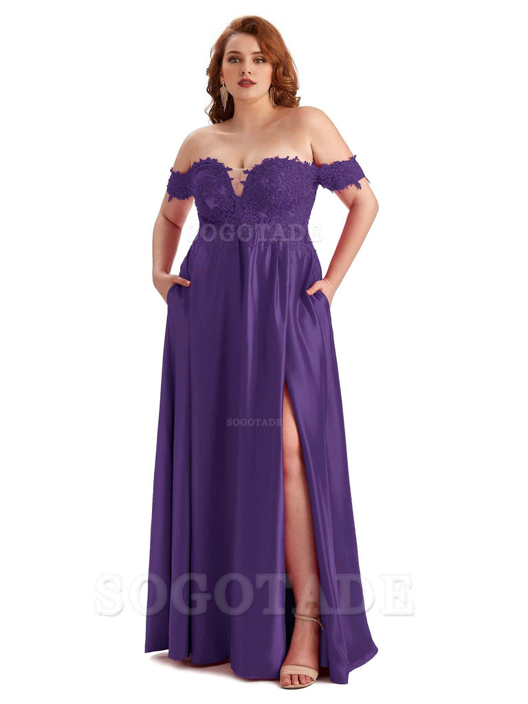 Off Shoulder Side Slit Lace Soft Satin Long Plus Size Bridesmaid Dresses For Wedding