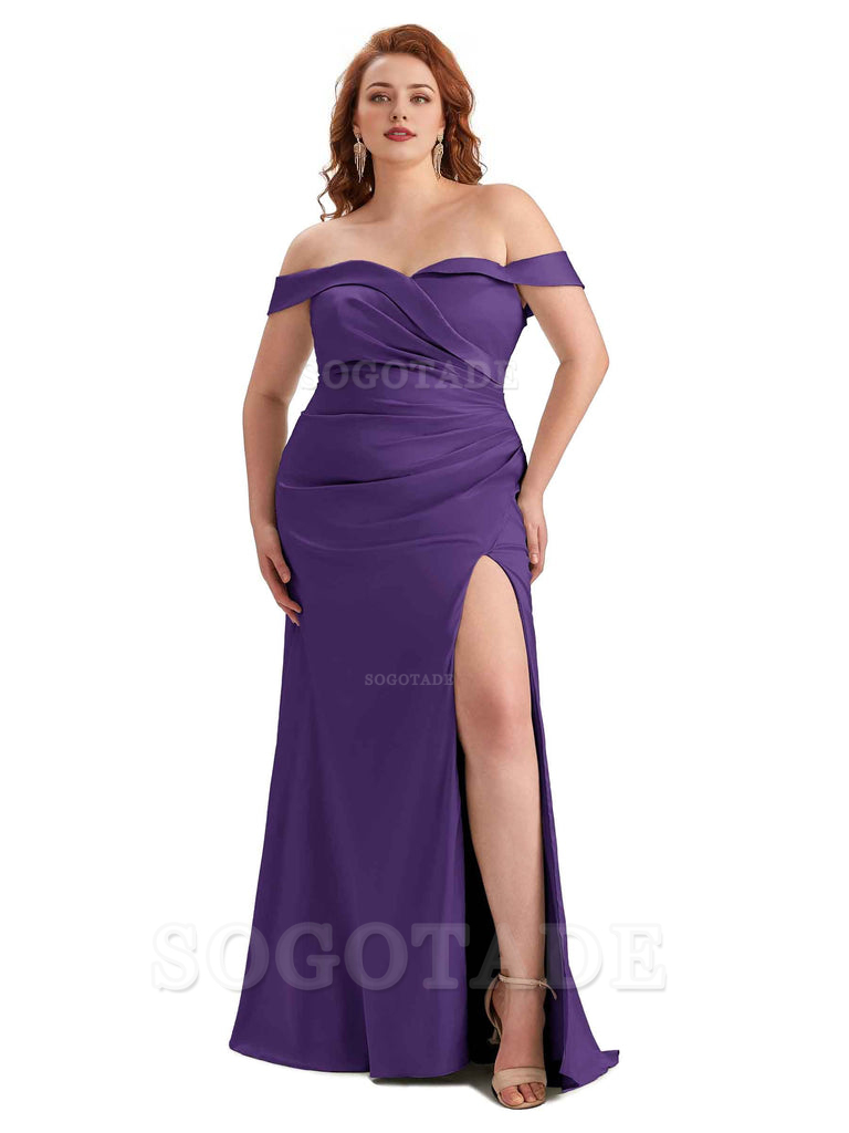 Sexy Side Slit Off Shoulder Mermaid Soft Satin Long Plus Size Bridesmaid Gowns For Wedding