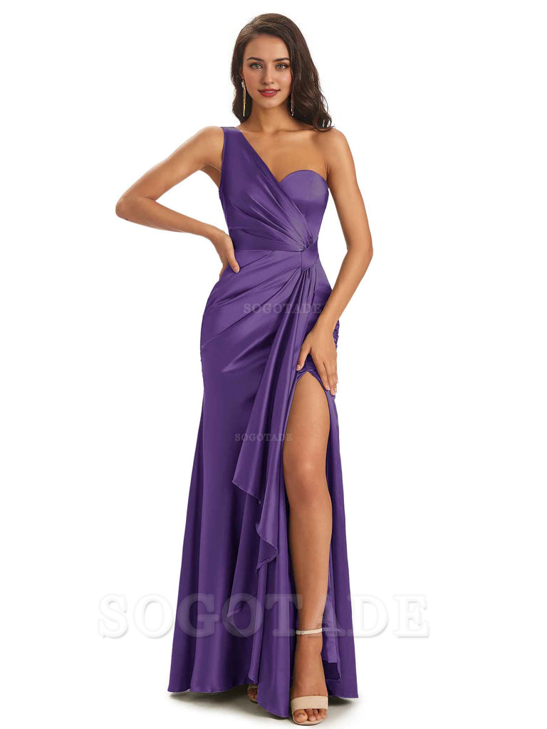 Elegant Soft Satin Side Slit One Shoulder Unique Mermaid Bridesmaid Dresses Online prom dresses shops