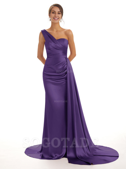Elegant One Shoulder Soft Satin Unique Mermaid Long Bridesmaid Dresses Online prom dresses shops
