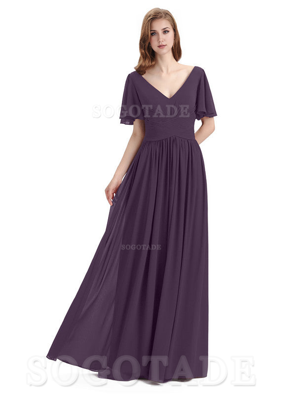 A-Line Chiffon Short Sleeves Elegant Floor-Length Bridesmaid Dresses Formal Women's Dresses Wedding Guests Dresses