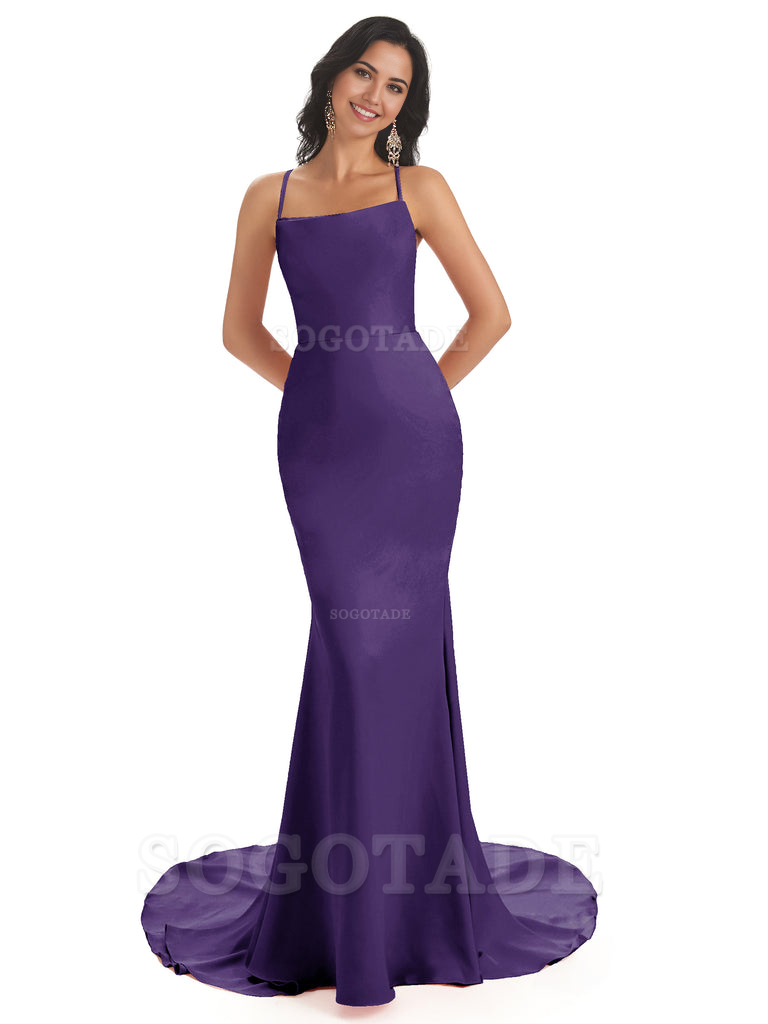 Mermaid Spaghetti Backless Straps Satin Long formal dresses evening gown Bridesmaid Dresses