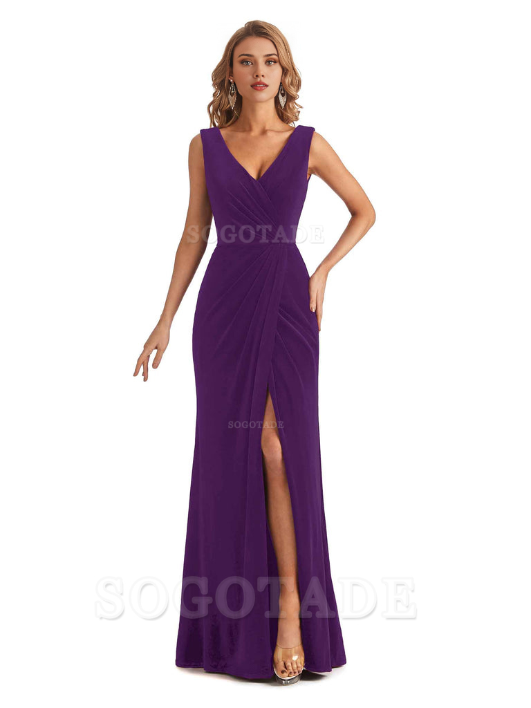 Sexy Deep V-Neck Sheath Velvet Side Slit Long Elegant Bridesmaid Dresses Formal Women's Dresses Wedding Guests Dresses