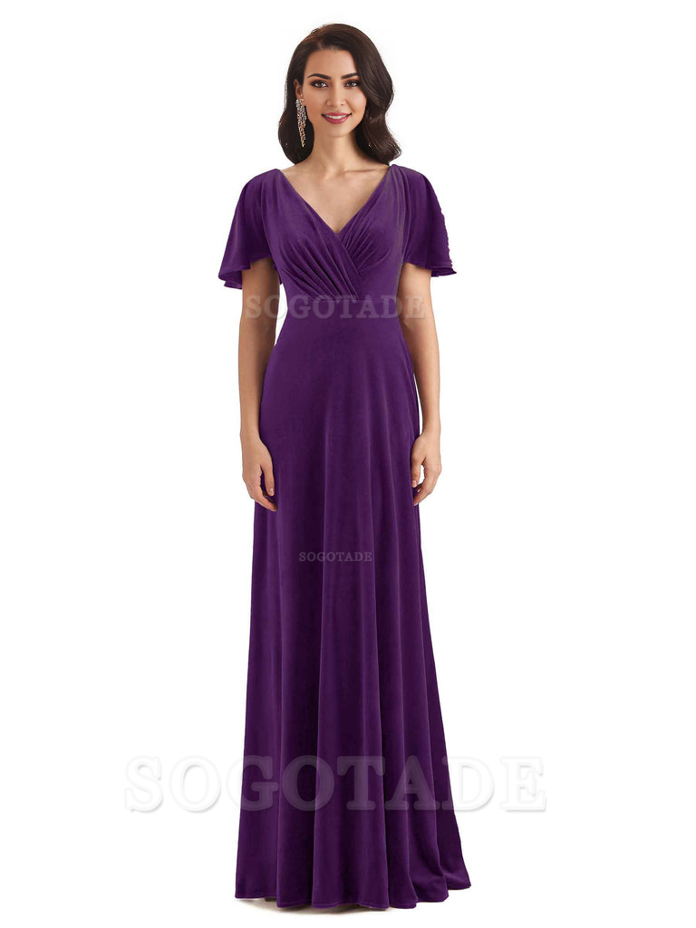 V-Neck Sexy See Through Short Sleeves Lace up Velvet Long Bridesmaid Dresses Formal Women's Dresses Wedding Guests Dresses