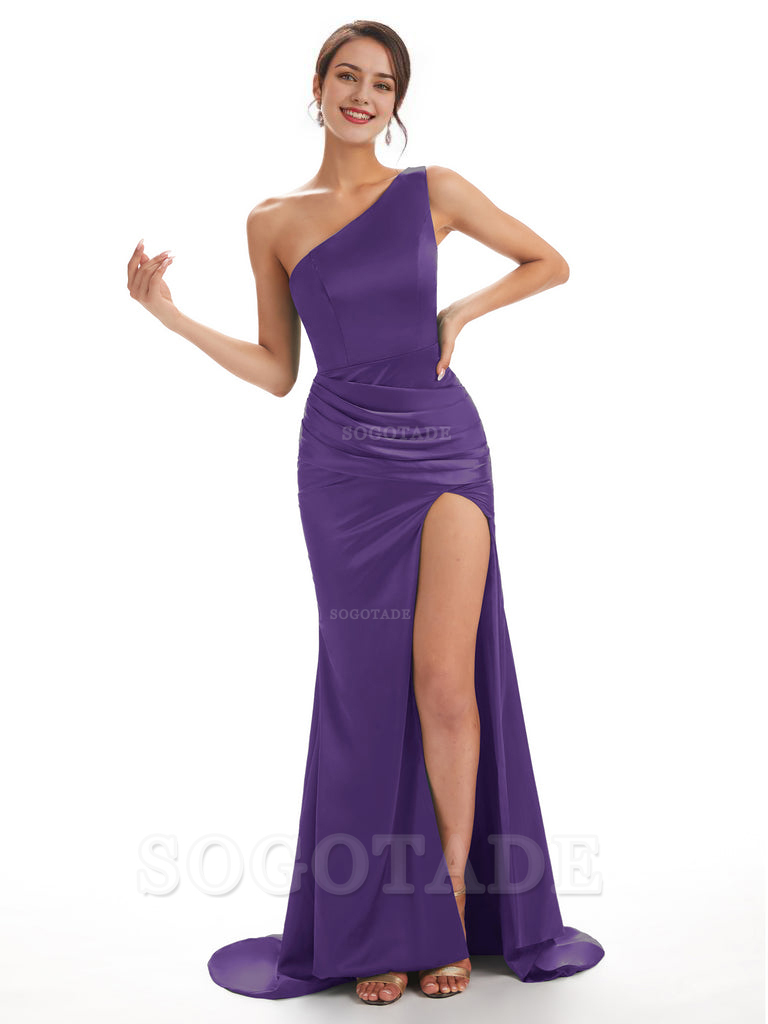 Sexy Soft Satin Side Slit One Shoulder Long Mermaid Bridesmaid Dresses Online prom shop dresses ﻿