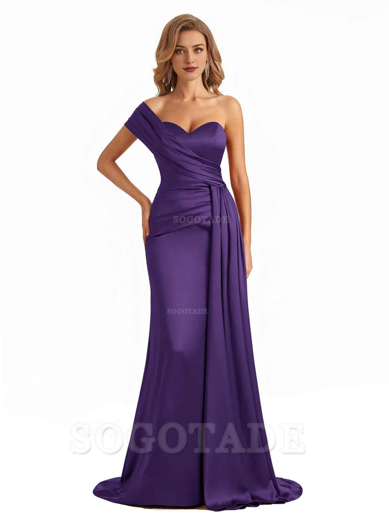 Elegant One Shoulder Soft Satin Long Mermaid Bridesmaid Dresses Online prom shop dresses ﻿