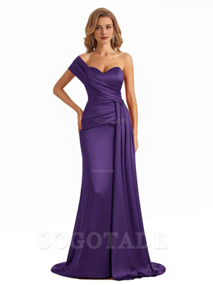 Elegant One Shoulder Soft Satin Long Mermaid Bridesmaid Dresses Online prom shop dresses ﻿