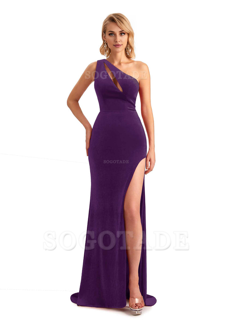 Sexy Sleeveless Floor Length Mermaid One Shoulder Side Slit Velvet Long Bridesmaid Dresses