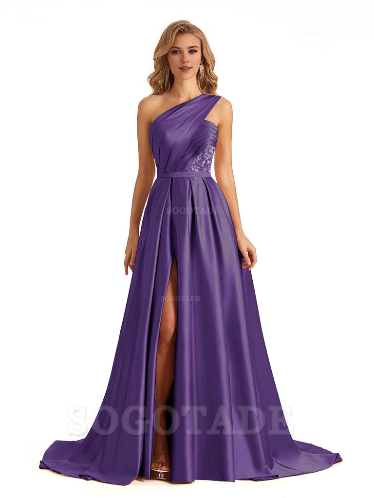 Sexy Side Slit One Shoulder A-Line Soft Satin Long Bridesmaid Dresses Online prom dress in store