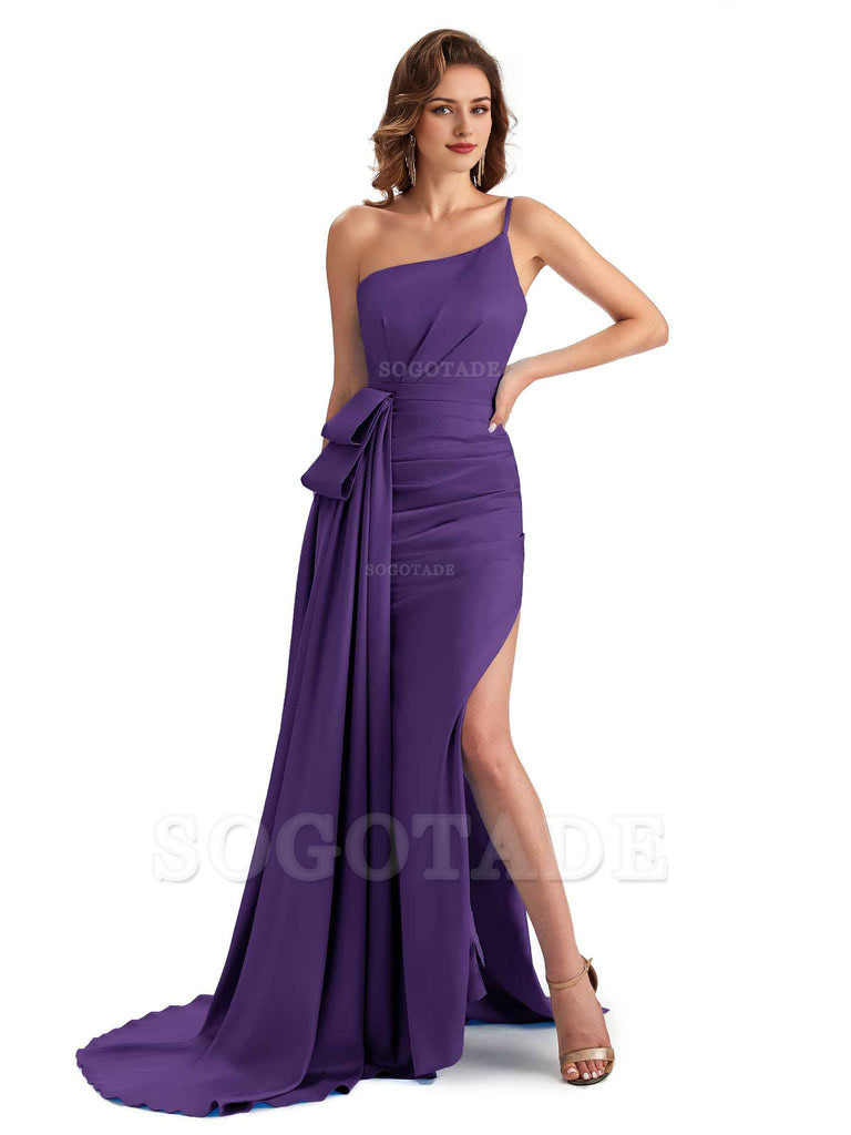 Sexy Side Slit Mermaid Silky Satin One Shoulder Modern Maxi Bridesmaid Dresses