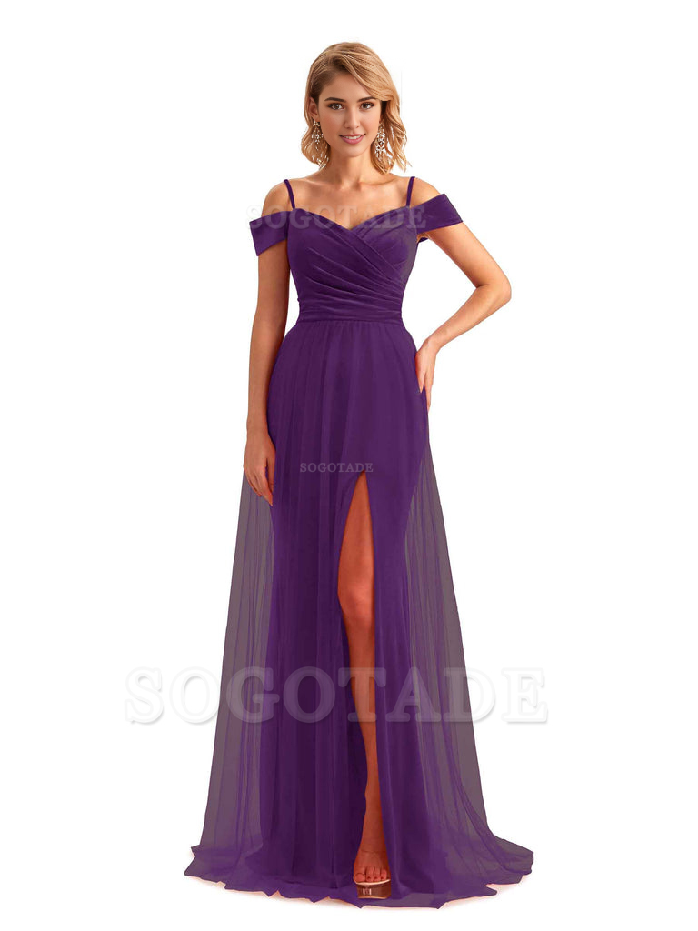 Elegant Mermaid Spaghetti Straps Floor Length Cold Shoulder Side Slit Tulle Velvet Long Bridesmaid Dresses