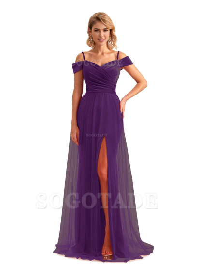 Elegant Mermaid Spaghetti Straps Floor Length Cold Shoulder Side Slit Tulle Velvet Long Bridesmaid Dresses