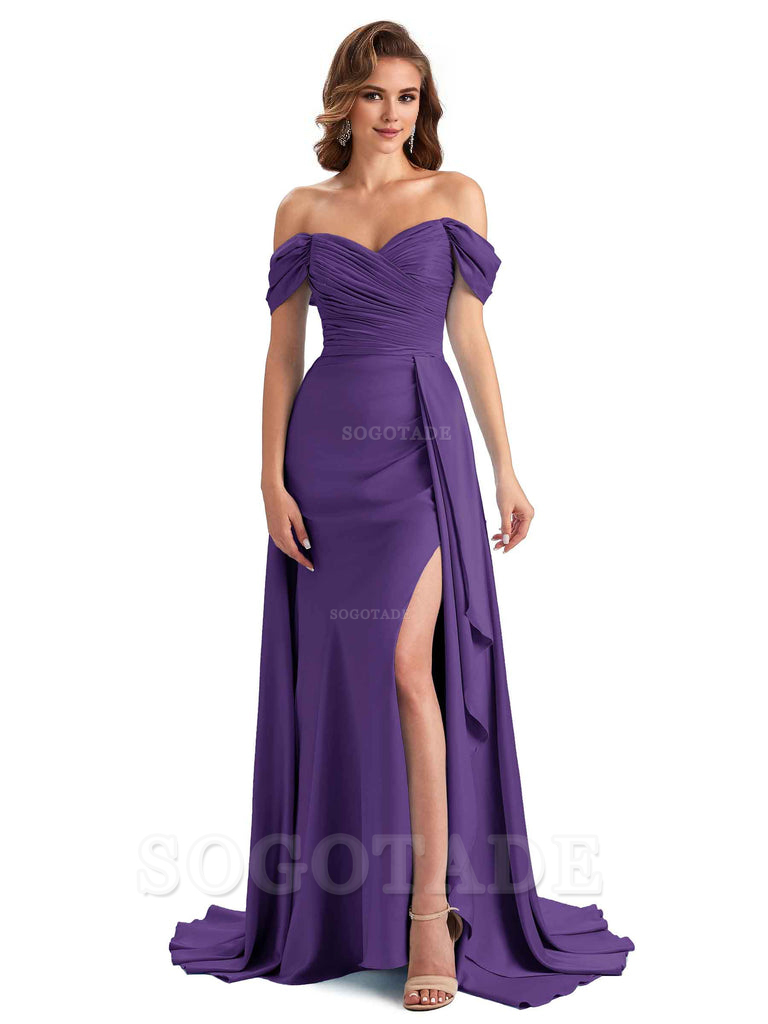 Sexy Side Slit Mermaid Soft Satin Off The Shoulder Long Unique Bridesmaid Dresses prom dress in store