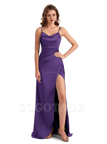 Soft Satin Side Slit Spaghetti Straps Sexy Wedding Bridesmaid Dresses