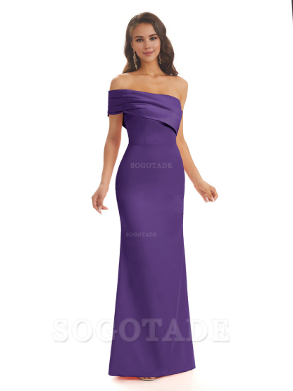 Soft Satin Sexy Side Slit One Shoulder Long Mermaid Bridesmaid Dresses Online prom dress in store