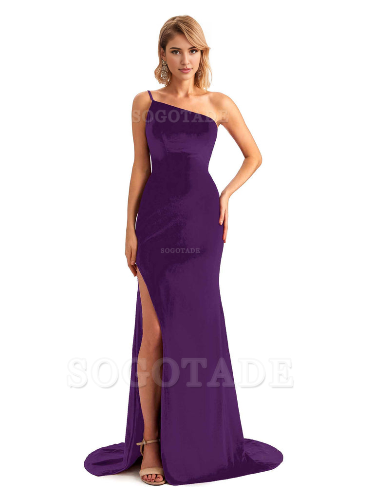 Sexy Side Slit Mermaid Spaghetti Straps One Shoulder Formal Velvet Long Bridesmaid Dresses