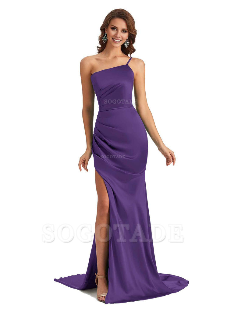 Sexy Silky Satin Side Slit One Shoulder Unique Long Wedding Guest Maxi Dresses