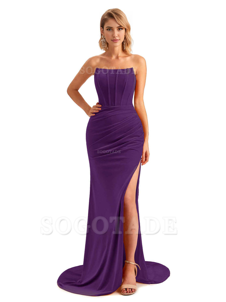  Sexy Side Hight Slit Sleeveless Mermaid Strapless Velvet Long Bridesmaid Dresses Online