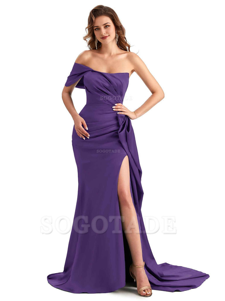 Sexy Side Slit Mermaid Silky Satin One Shoulder Chic Long Maid Of Honor Dresses
