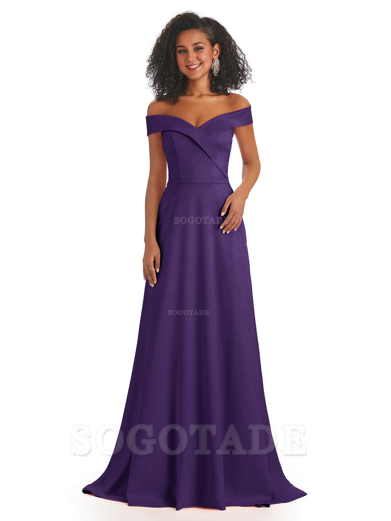 Soft Satin Off The Shoulder Long A-Line African Bridesmaid Dresses prom dress stores ﻿