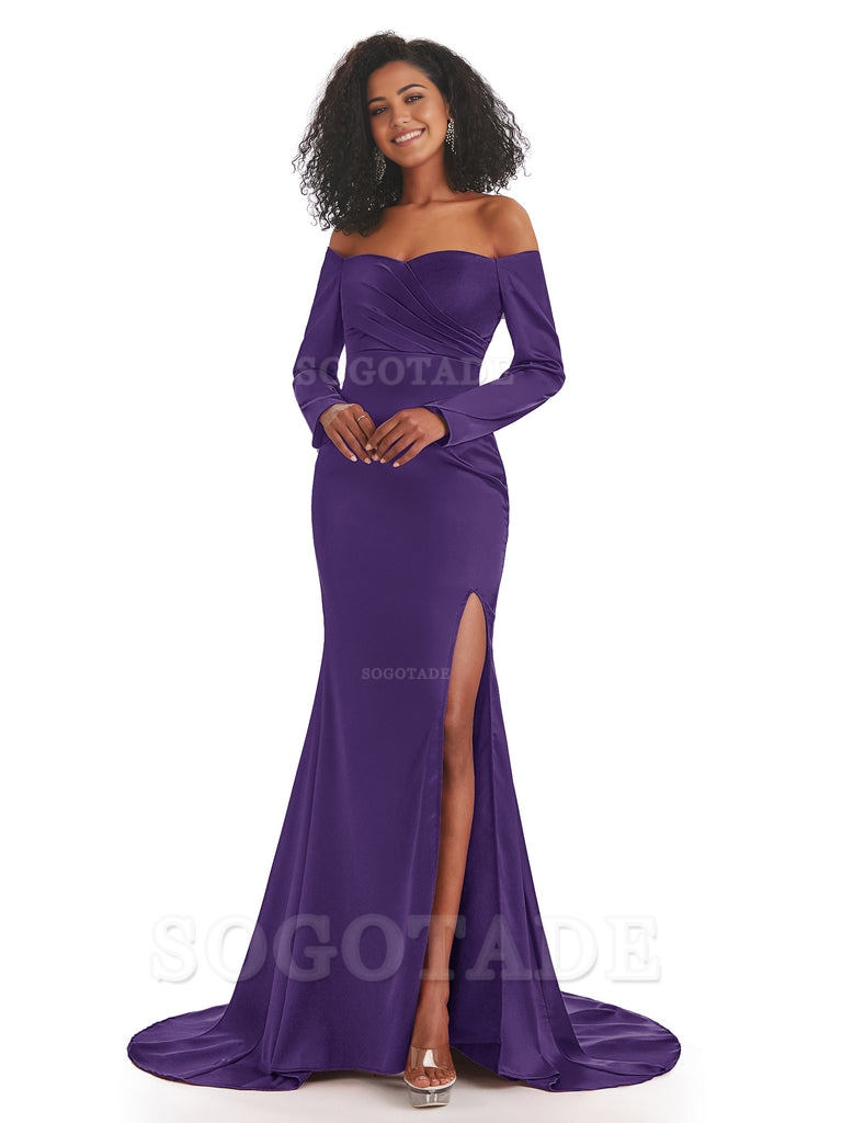 Mermaid Long Sleeve Satin formal dresses evening gown Bridesmaid Dresses With Side Slit 