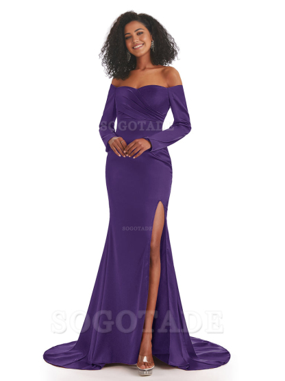 Mermaid Long Sleeve Satin formal dresses evening gown Bridesmaid Dresses With Side Slit 