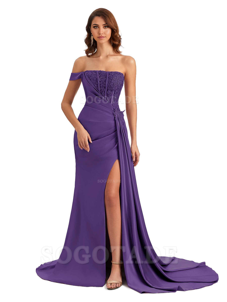Mermaid Off Shoulder Applique formal dresses evening gown Bridesmaid Dresses With Side Slit 