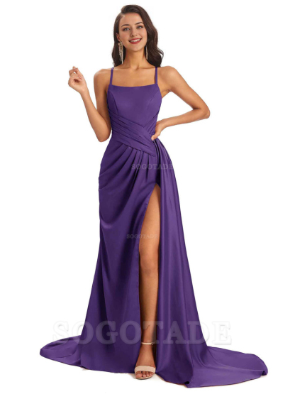 Sexy Soft Satin Side Slit Spaghetti Straps Long Maxi Bridesmaid Dresses prom shop dresses