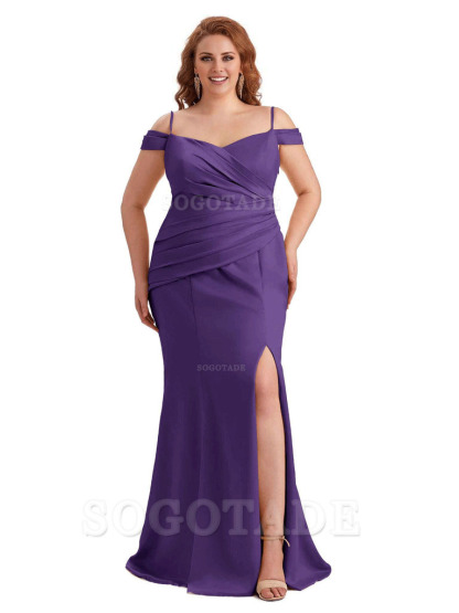 Elegant Cold Shoulder Side Slit Mermaid Soft Satin Long Plus Size Bridesmaid Gowns