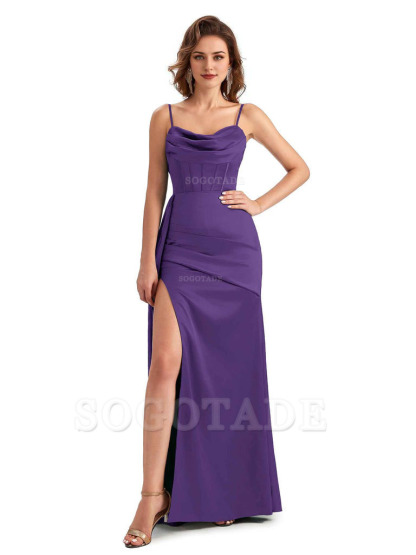Sexy Side Slit Mermaid Silky Satin Spaghetti Straps Unique Wedding Guest Dresses