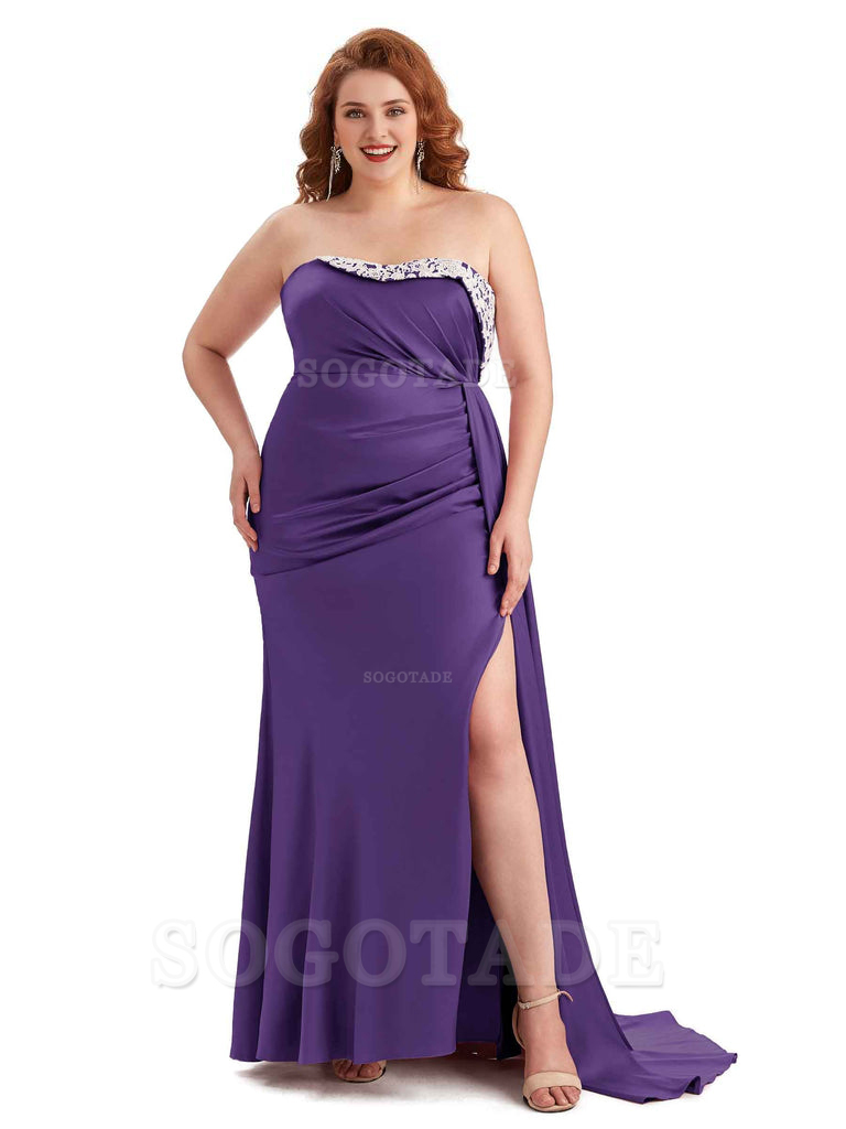 Sexy Side Slit Strapless Mermaid Lace Soft Satin Long Plus Size Maid of Honor Dresses