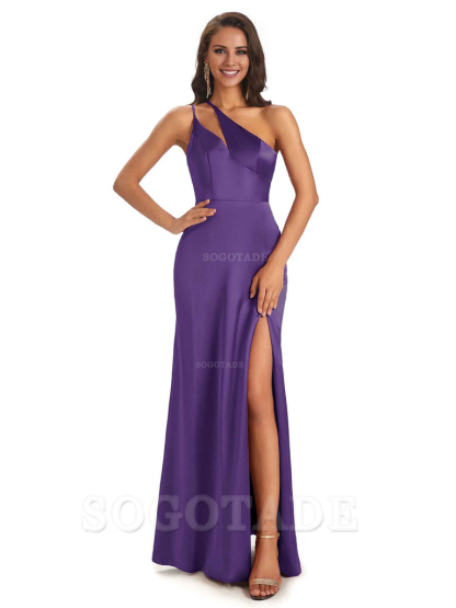 Sexy Soft Satin Side Slit One Shoulder Floor-Length Mermaid Long Bridesmaid Dresses Elegant Evening Party Dress