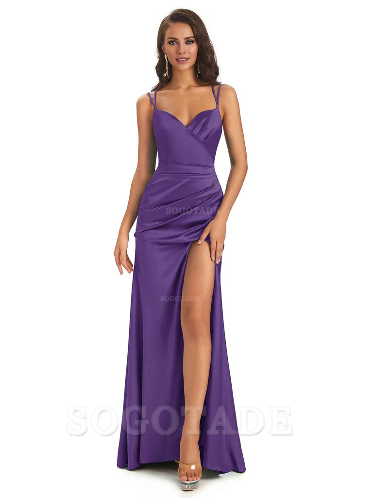Sexy Soft Satin Side Slit Spaghetti Straps Long Maxi Mermaid Bridesmaid Dresses Elegant Evening Party Dress