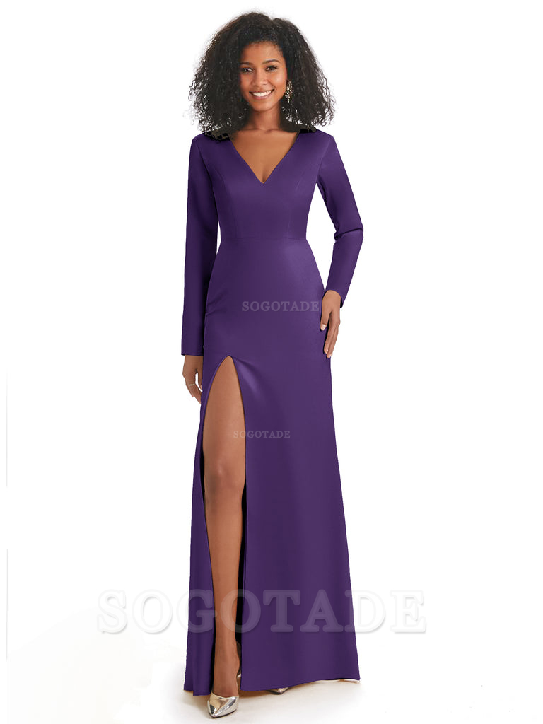 Soft Satin Side Slit Long Sleeves V-Neck Long African Mermaid Bridesmaid Dresses Elegant Evening Party Dress